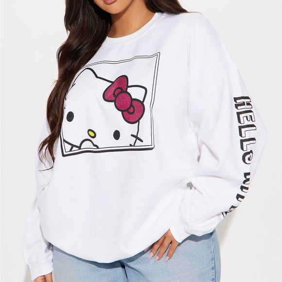 Sanrio Hello Kitty Glitter Crew Neck Long Sleeve Sweatshirt - White size S - Picture 13 of 14